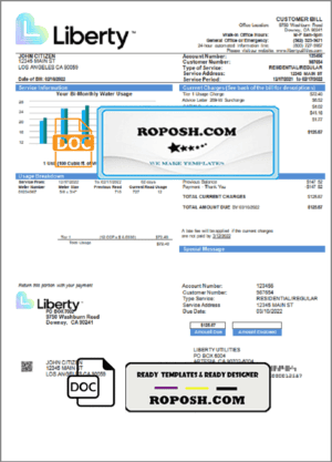 USA California Liberty Utilities utility bill template in Word and PDF format