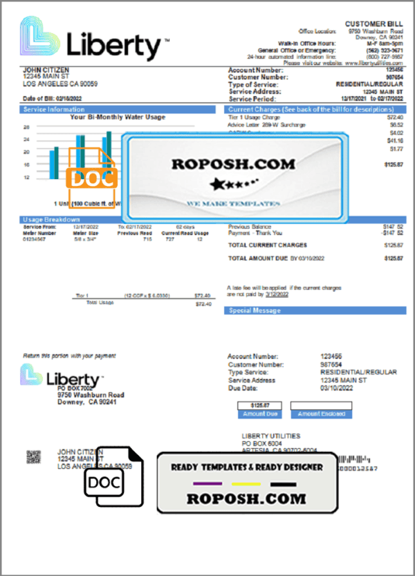 USA California Liberty Utilities utility bill template in Word and PDF format