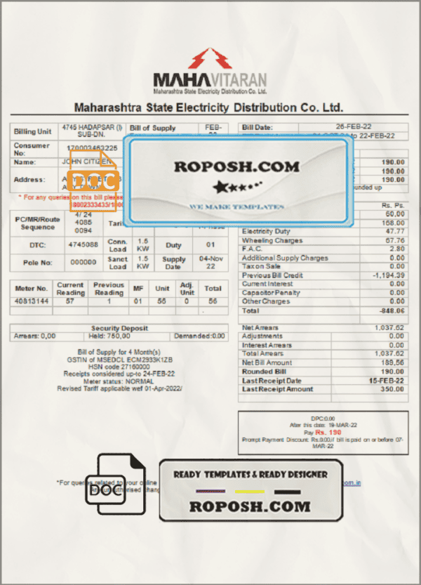 India Mahavitaran Co Ltd utility bill template in Word and PDF format