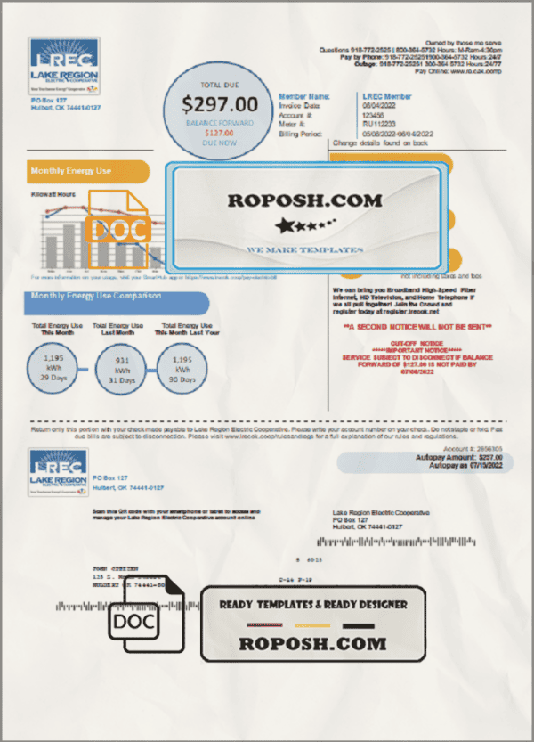 USA Oklahoma LREC Lake Region utility bill template in Word and PDF format
