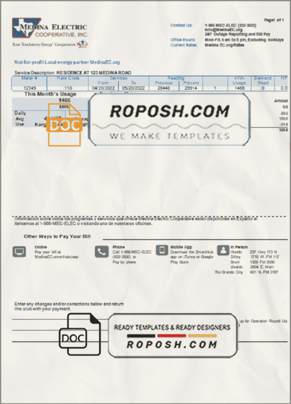 USA Texas Medina Electric utility bill template in Word and PDF format
