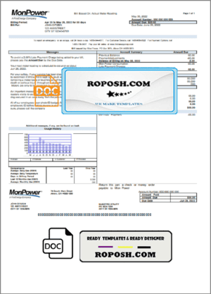 USA Mon Power utility bill template in Word and PDF format