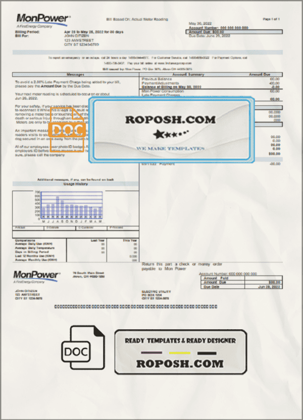 USA Mon Power utility bill template in Word and PDF format