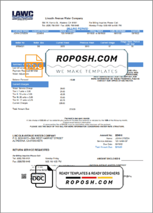 USA California Lincoln Avenue Water Company utility bill template in Word and PDF format