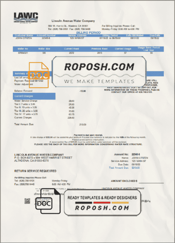 USA California Lincoln Avenue Water Company utility bill template in Word and PDF format