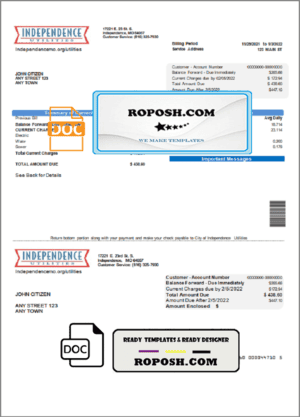 USA Missouri Independence Utilities utility bill template in Word and PDF format