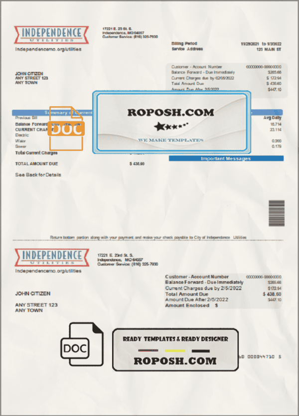 USA Missouri Independence Utilities utility bill template in Word and PDF format