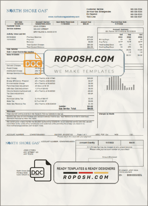 USA Illinois North Shore Gas utility bill template in Word and PDF format