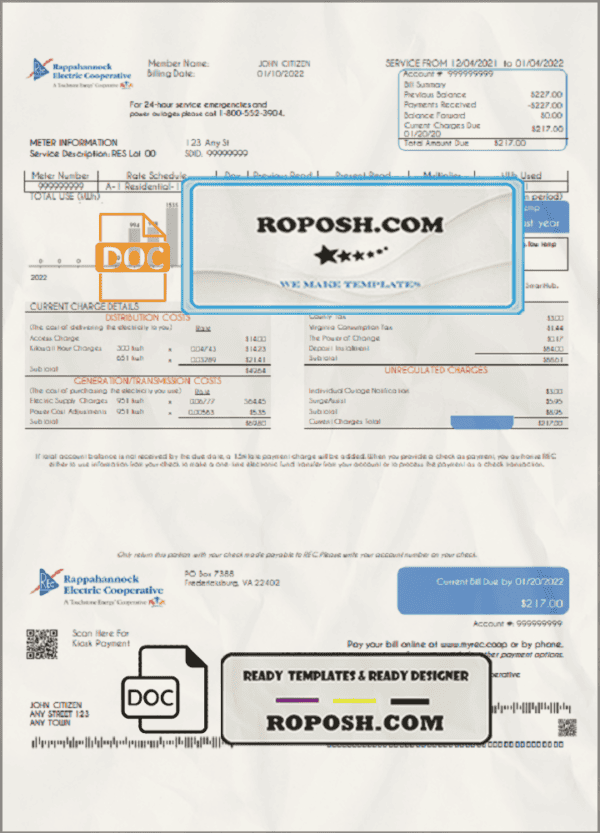 USA Rappahannock Electric Cooperative utility bill template in Word and PDF format