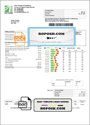 USA Ontario Erie Thames utility bill template in Word and PDF format