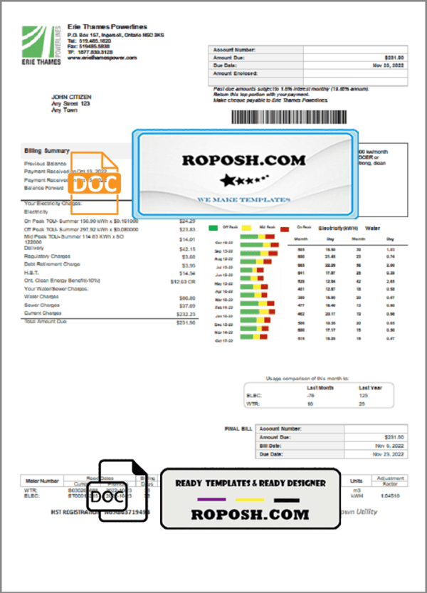 USA Ontario Erie Thames utility bill template in Word and PDF format