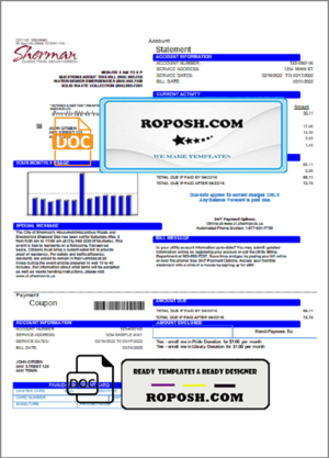 utility bill (Copy)USA City of Sherman utility bill template in Word and PDF format