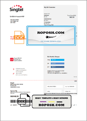 USA Singtel utility bill template in Word and PDF format