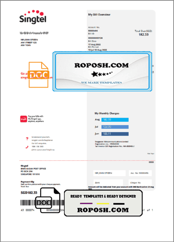 USA Singtel utility bill template in Word and PDF format