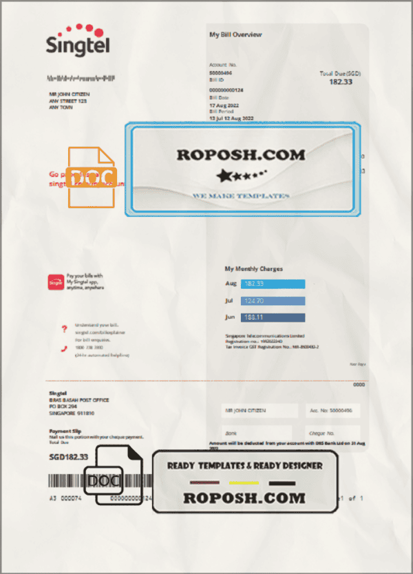 USA Singtel utility bill template in Word and PDF format