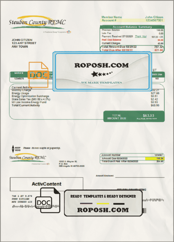 USA Steuben Country REMC utility bill template in Word and PDF format