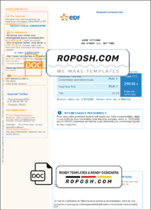 France electricity EDF utility bill template Word and PDF format, good for address prove