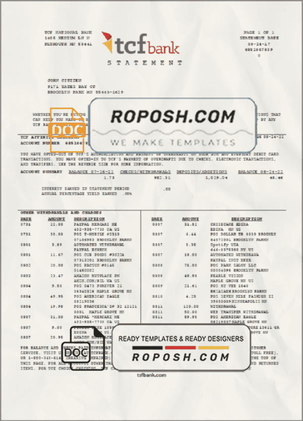 USA TCF Bank bank statement template in Word and PDF format