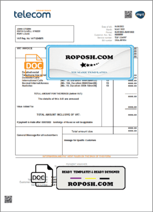 Mauritius Telecom Mauritius utility bill template in Word and PDF format