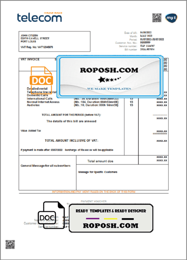 Mauritius Telecom Mauritius utility bill template in Word and PDF format