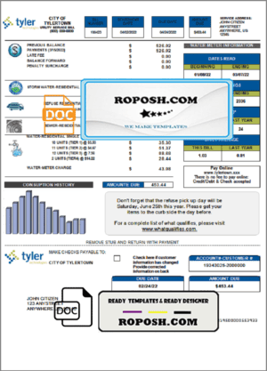 USA Tyler Technologies utility bill template in Word and PDF format