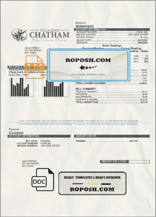 USA Village of Chatham utility bill template in Word and PDF format