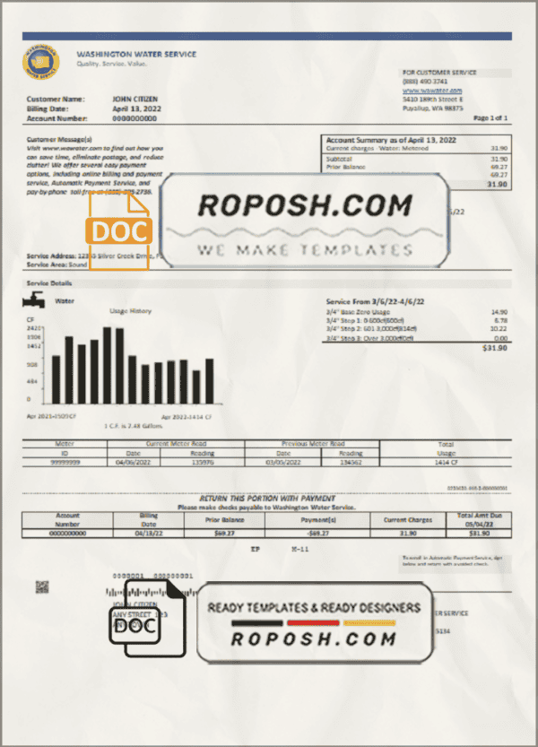 USA Washington Water Service utility bill template in Word and PDF format
