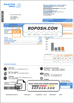 Australia South East Water utility bill template in Word and PDF format