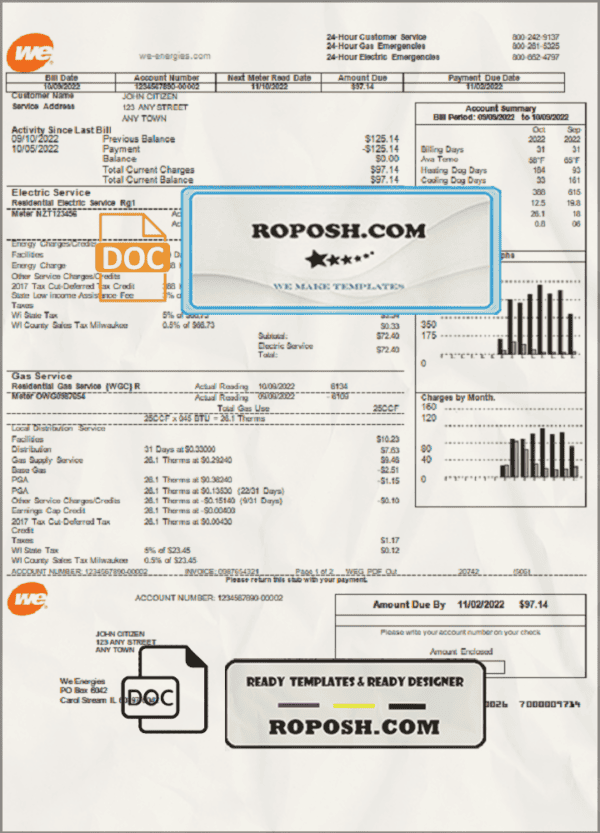 USA We utility bill template in Word and PDF format