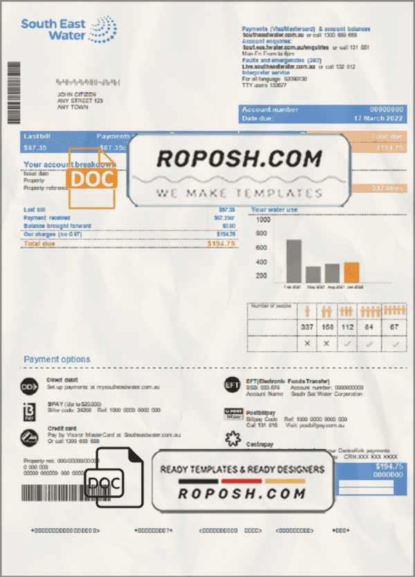 Australia South East Water utility bill template in Word and PDF format