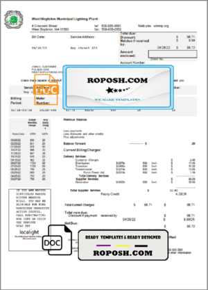 USA West Boylston utility bill template in Word and PDF format