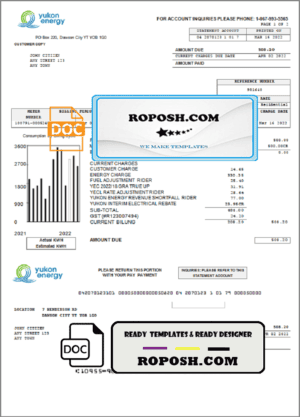 Canada Yukon Energy utility bill template in Word and PDF format