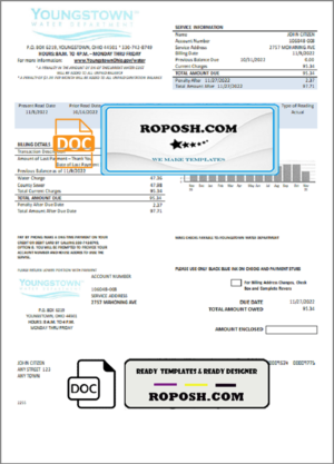 USA Youngstown Water Department utility bill template in Word and PDF format