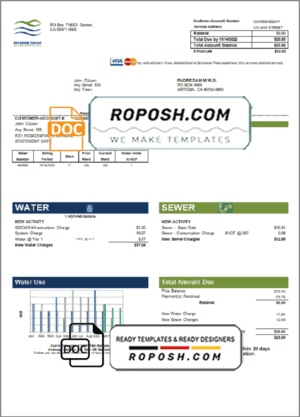 USA California Padredam utility bill template in Word and PDF format