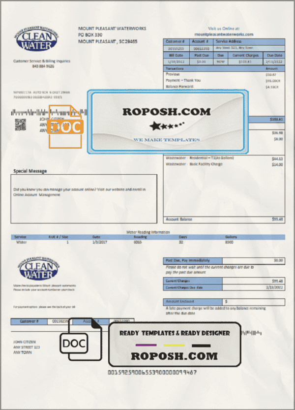 USA Clean Water utility bill template in Word and PDF format
