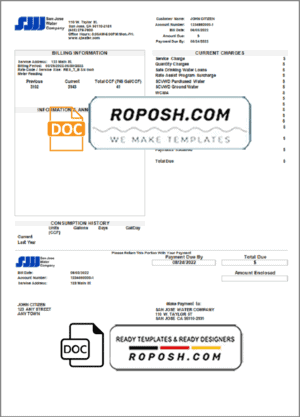 USA California San Jose Water utility bill template in Word and PDF format