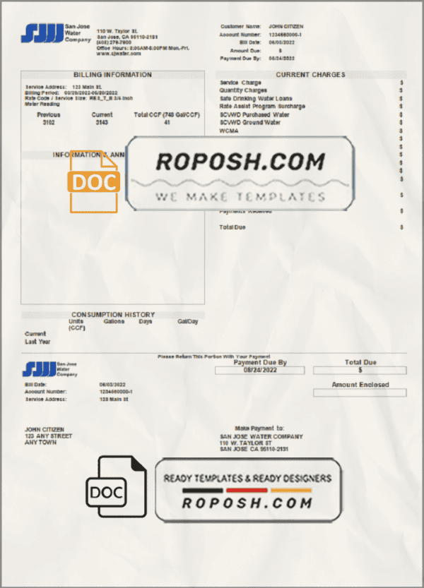 USA California San Jose Water utility bill template in Word and PDF format