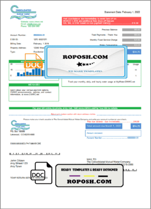 USA Consolidated Mutual Water utility bill template in Word and PDF format