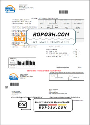 USA Florida Seco Energy utility bill template in Word and PDF format