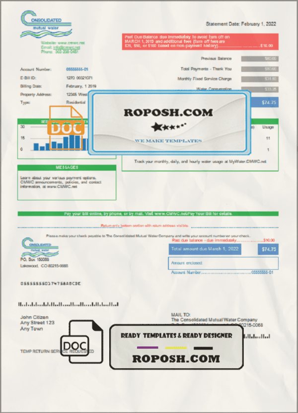 USA Consolidated Mutual Water utility bill template in Word and PDF format