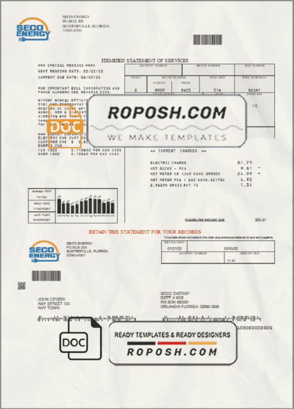 USA Florida Seco Energy utility bill template in Word and PDF format