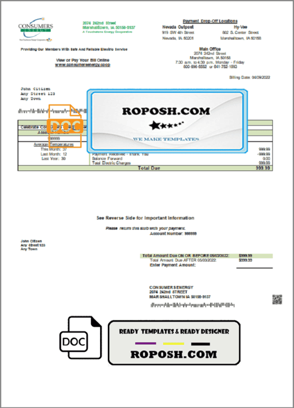 USA Consumers Energy utility bill template in Word and PDF format
