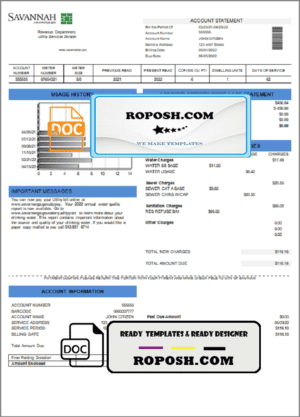USA Georgia Savannah utility bill template in Word and PDF format