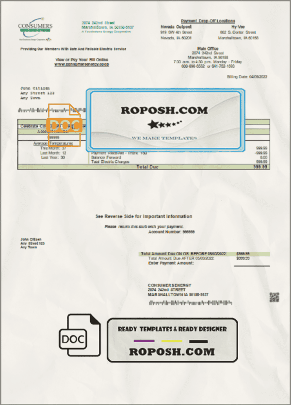USA Consumers Energy utility bill template in Word and PDF format