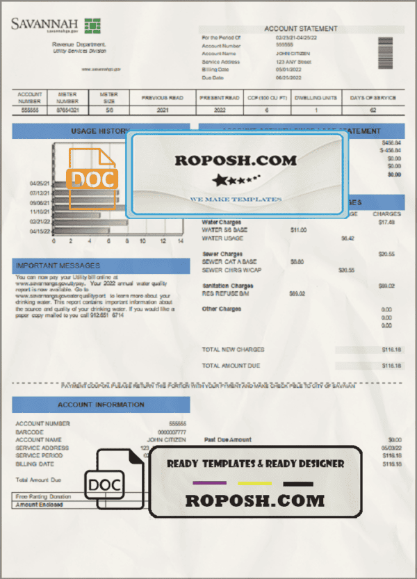 USA Georgia Savannah utility bill template in Word and PDF format