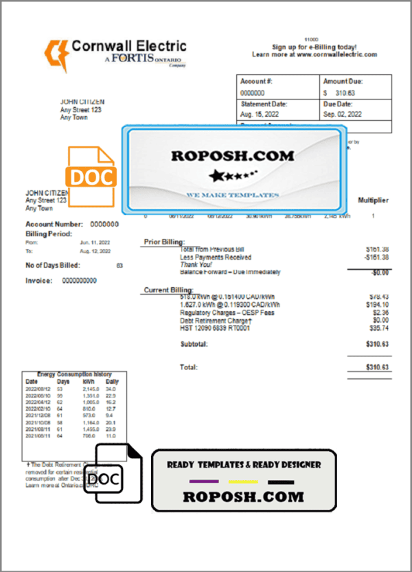 USA Cornwall Electric utility bill template in Word and PDF format