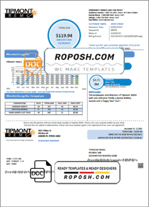 USA Indiana Tipmont utility bill template in Word and PDF format