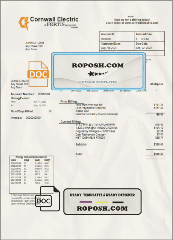 USA Cornwall Electric utility bill template in Word and PDF format