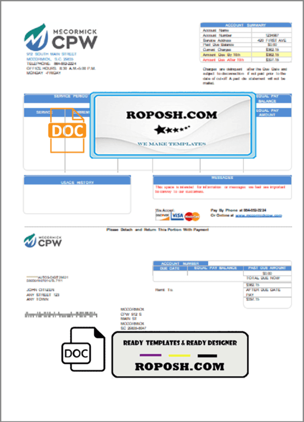 USA CPW utility bill template in Word and PDF format