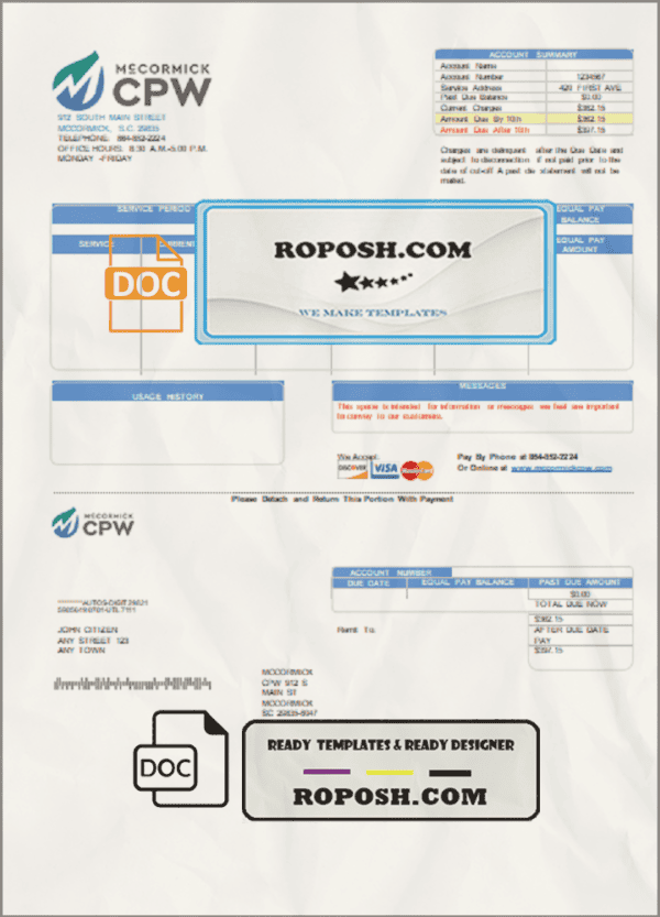 USA CPW utility bill template in Word and PDF format